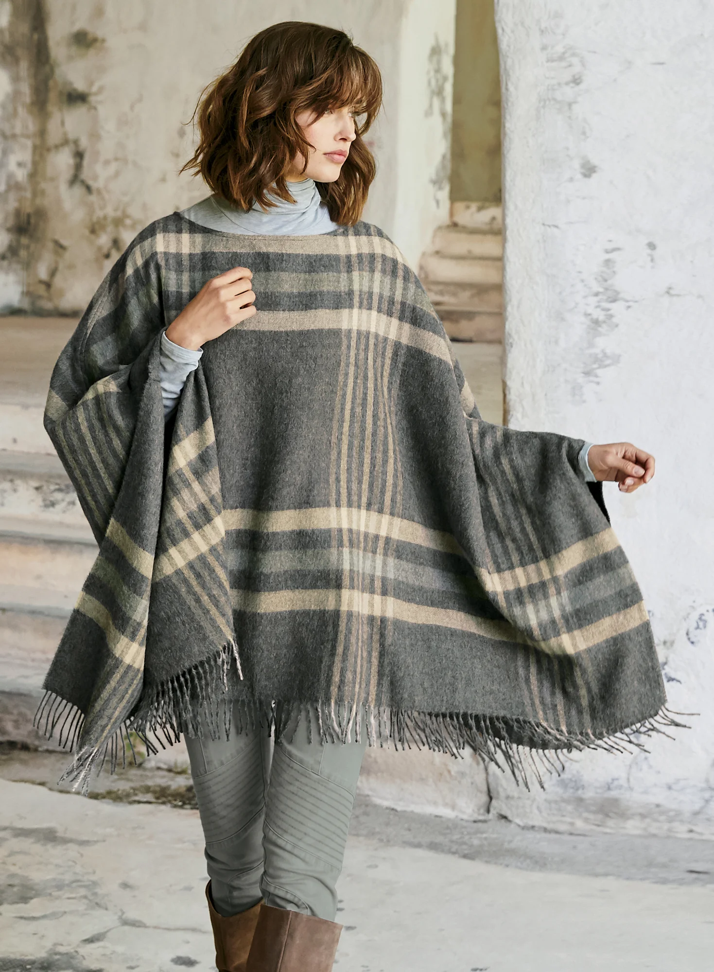 Grey Plaid Poncho
