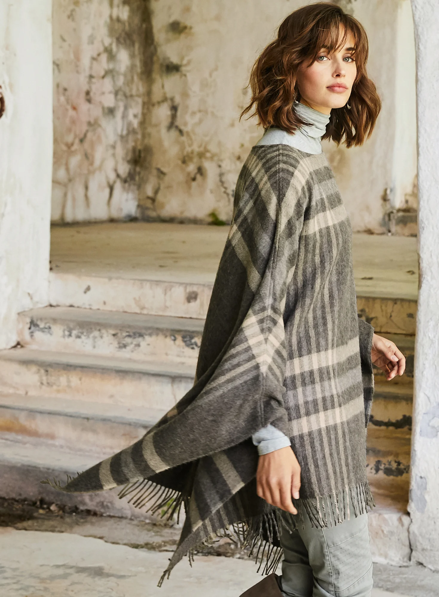Grey Plaid Poncho - Image 4