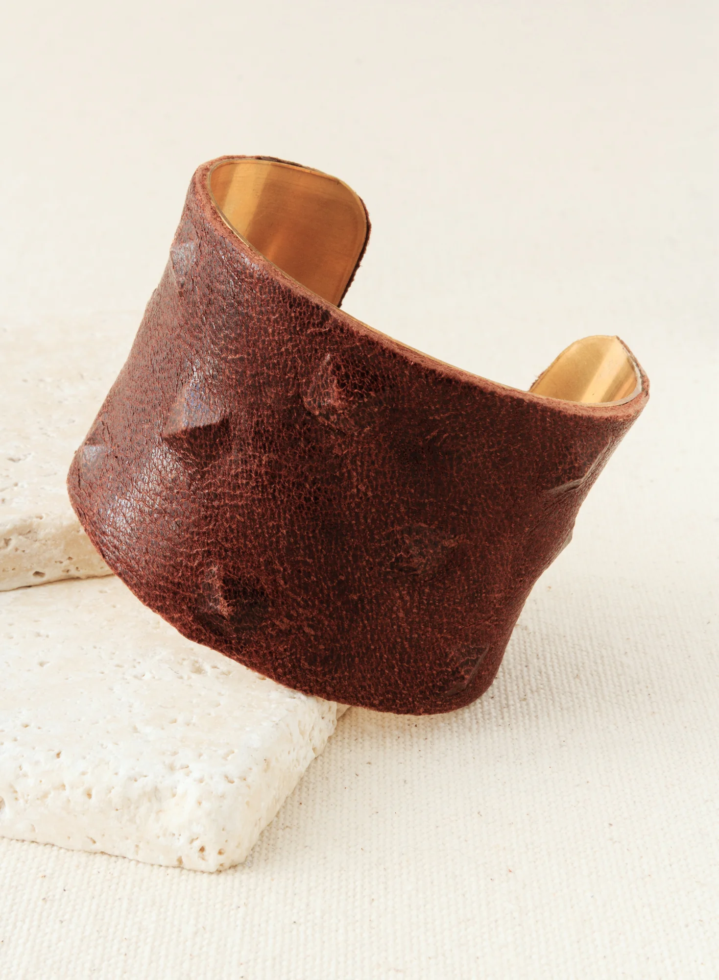 Pyramid Leather And Brass Cuff