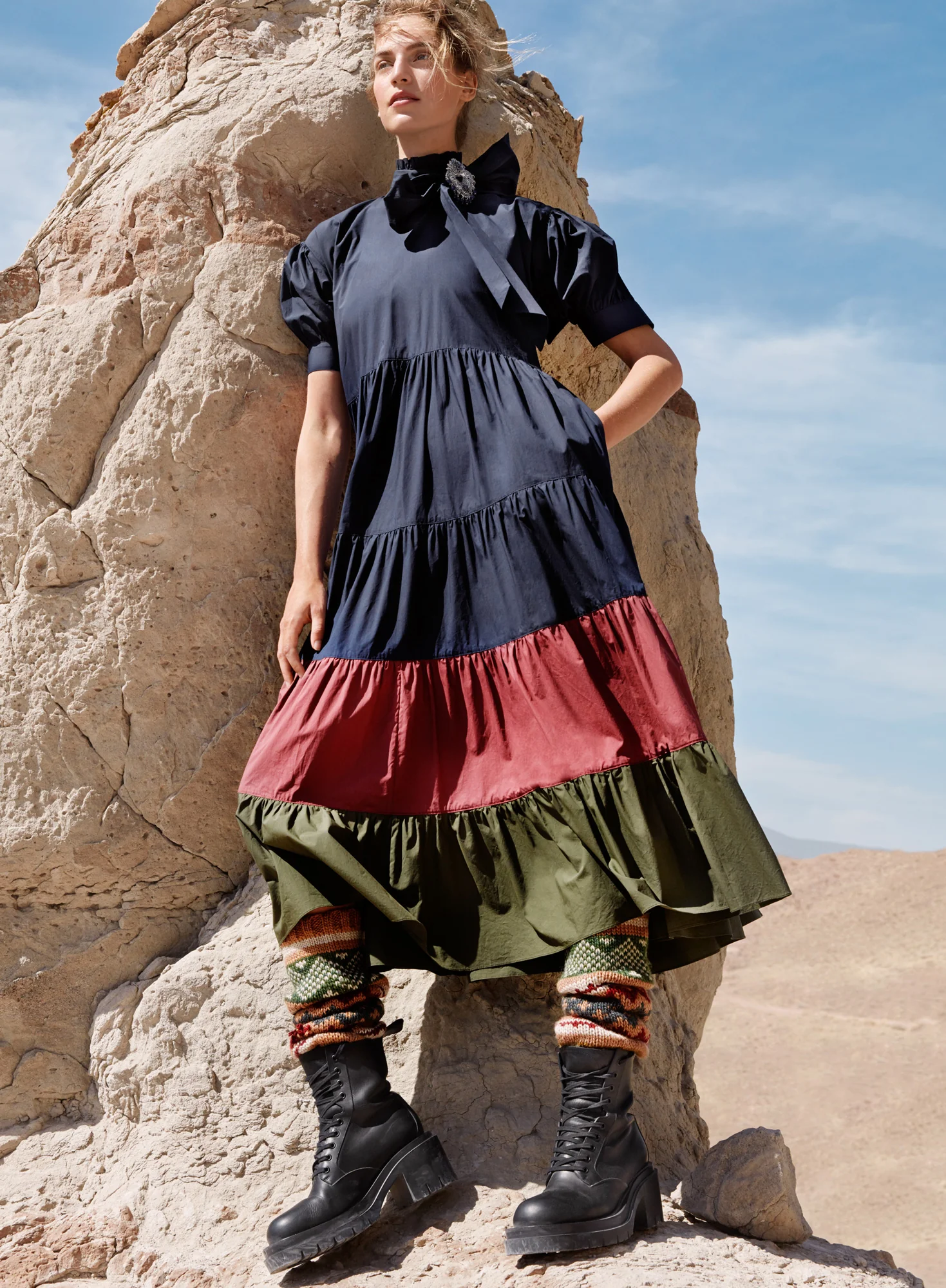 Tiered Tie Neck Colorblock Dress - Image 5